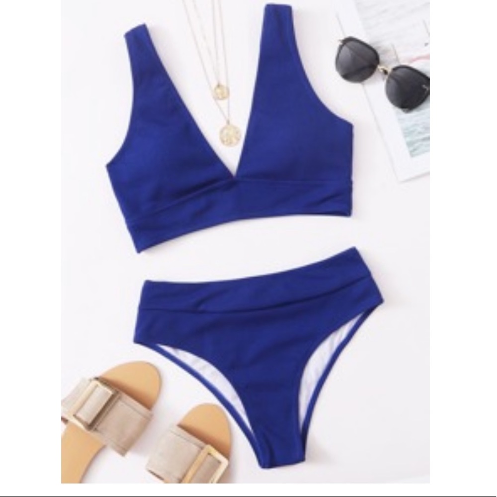 Rib V Neck High Waisted Bikini